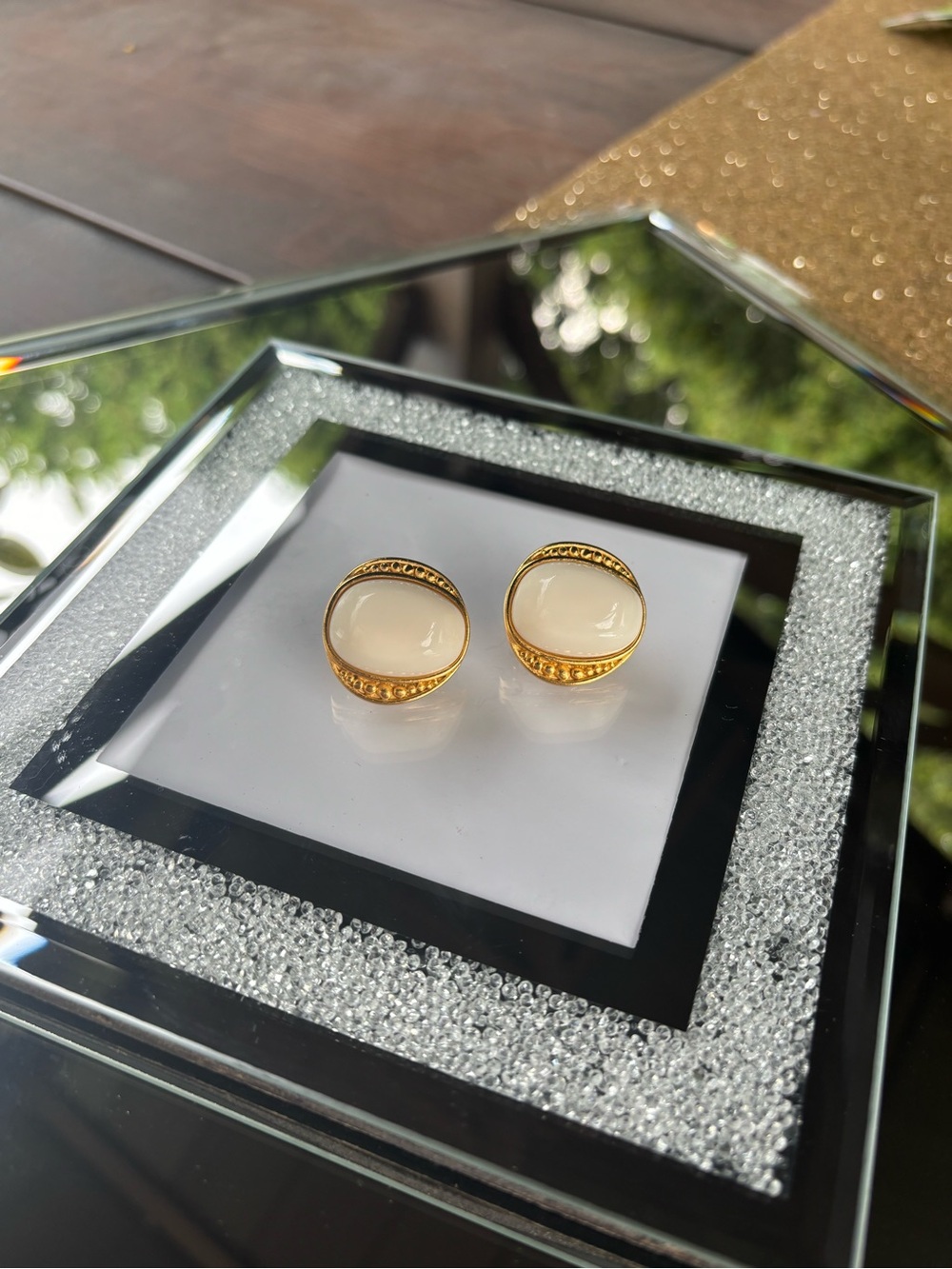 YSL Vintage White Gumdrop Cabochon Brushed Gold Earrings